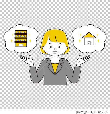 Illustration of a woman in a suit introducing real estate 126184229