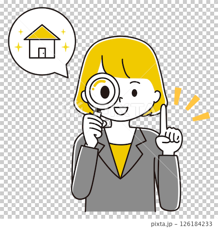 Illustration of a woman in a suit looking for a house, pointing 126184233