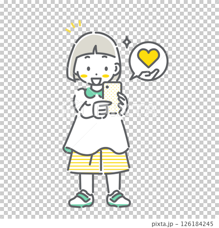 A girl using her smartphone with peace of mind and ease - simple and cute line drawing illustration 126184245