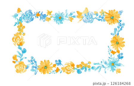水彩画。水彩タッチの草木と花のベクターフレーム。青と黄色の夏カラー花フレーム。 126184268