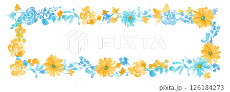 水彩画。水彩タッチの草木と花のベクターフレーム。青と黄色の夏カラー花フレーム。 126184273