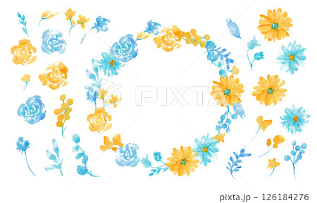 水彩画。水彩タッチの草木と花のベクターフレーム。青と黄色の夏カラー花フレーム。 126184276