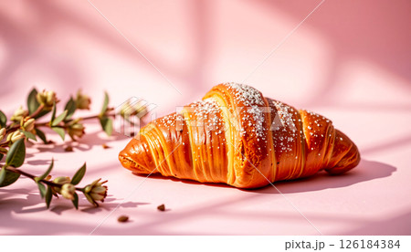 Tempting croissant in the cozy corner on a pastel pink background Tempting croissant in the cozy corner on a pastel pink background 126184384