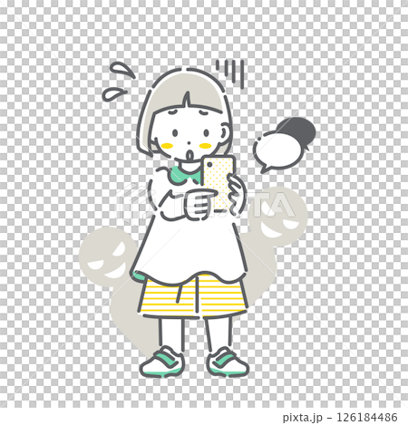 一個因使用智慧型手機而陷入麻煩的女孩 — — 簡單可愛的線條畫插圖 126184486