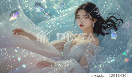 パステルブルーのクリスタル世界に佇む幻想的な女性 126184504