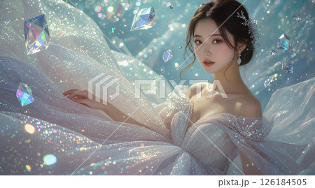 パステルブルーのクリスタル世界に佇む幻想的な女性 126184505