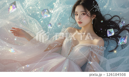 パステルブルーのクリスタル世界に佇む幻想的な女性 126184508