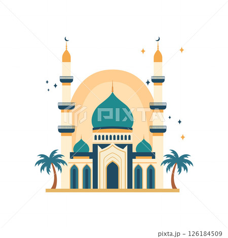 Illustration of Golden Islamic Mosque Exterior Building Landscape in Middle East Illustration of Golden Islamic Mosque Exterior Building Landscape in Middle East 126184509