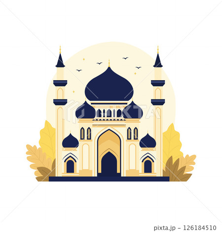 Illustration of Golden Islamic Mosque Exterior Building Landscape in Middle East Illustration of Golden Islamic Mosque Exterior Building Landscape in Middle East 126184510