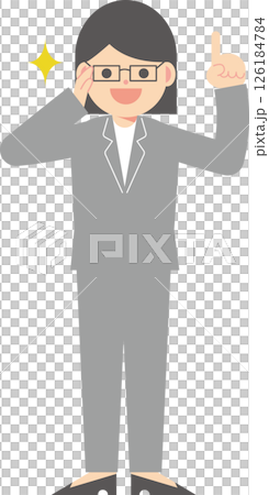 A woman in a suit wearing glasses pointing up A woman in a suit wearing glasses pointing up 126184784
