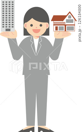 マンションと一戸建てを掲げるスーツ女性 マンションと一戸建てを掲げるスーツ女性 126184800