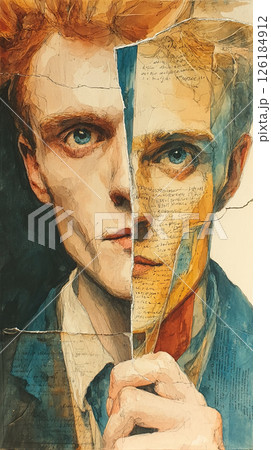 Moody watercolor portrait of man holding torn photo, expressive blue eyes, artistic style Moody watercolor portrait of man holding torn photo, expressive blue eyes, artistic style 126184912