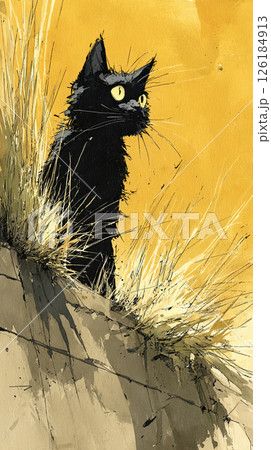 Black cat with bright eyes sits in tall grass on rocky hill, watercolor style, wild mood Black cat with bright eyes sits in tall grass on rocky hill, watercolor style, wild mood 126184913