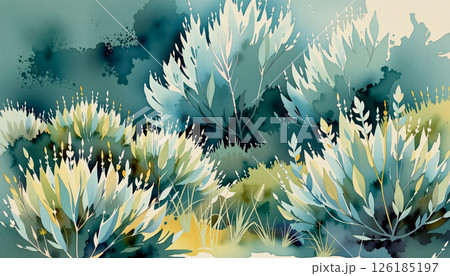 A serene watercolor panorama of sage bushes, in a flowing watercolor style 126185197