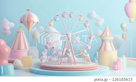 パステルカラーのシンプル3Dイラスト、遊園地のイメージ 126185613