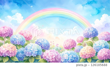 雨上がりの虹と紫陽花の風景画 126185688