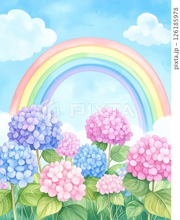 雨上がりの虹と紫陽花の風景画 126185978