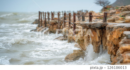 Rocky coastline, ocean erosion, seawall collapse, stormy weather, dramatic scene Rocky coastline, ocean erosion, seawall collapse, stormy weather, dramatic scene 126186013