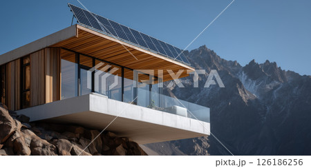 Modern solar panels on luxury mountain chalet with glass balcony, wood, and concrete exterior 126186256