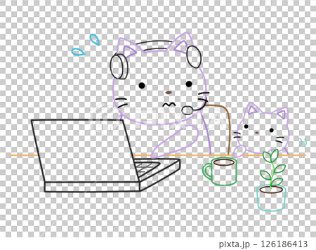 Cat raising a child while working remotely - Color line drawing 126186413
