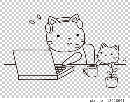 Cat raising a child while working remotely - Line drawing 126186414
