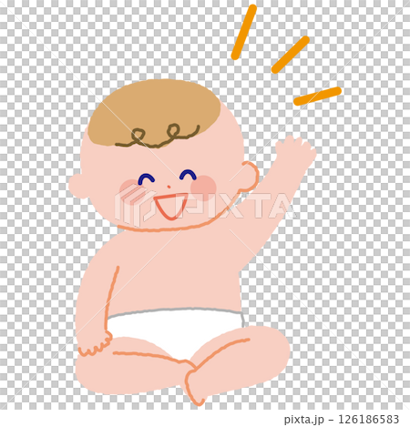 Smiling baby sitting with one hand raised, whole body Smiling baby sitting with one hand raised, whole body 126186583