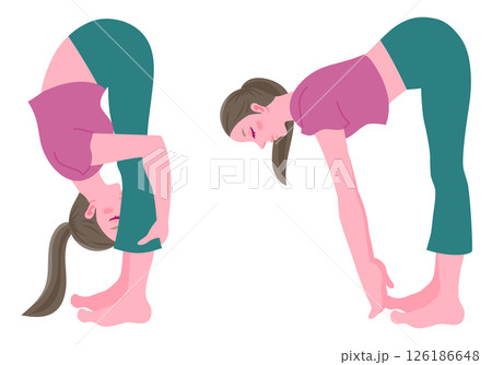 ヨガの立位前屈のポーズをする女性のベクターイラスト（深い前屈・浅い前屈の2種セット） 126186648