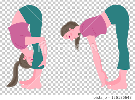 ヨガの立位前屈のポーズをする女性のベクターイラスト（深い前屈・浅い前屈の2種セット） 126186648