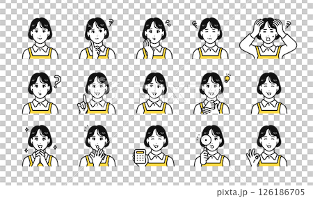 エプロンを付けた中年女性の表情アイコンセット エプロンを付けた中年女性の表情アイコンセット 126186705