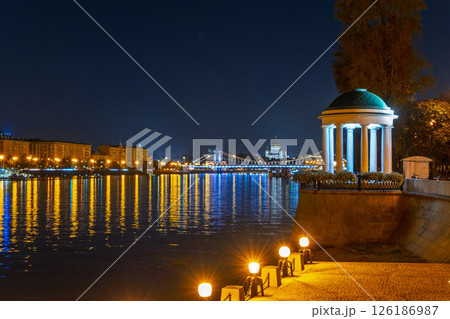 Moscow river embankment near Gorky Park at night. 126186987