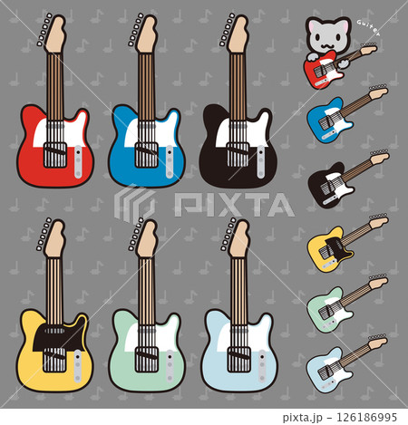 シンプルなテレキャスター型ギター6色カラーセット猫キャラ付 126186995