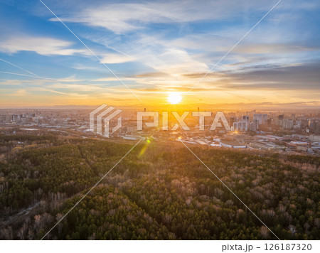 Aerial drone view of stunning colorful autumn fall forest. 126187320