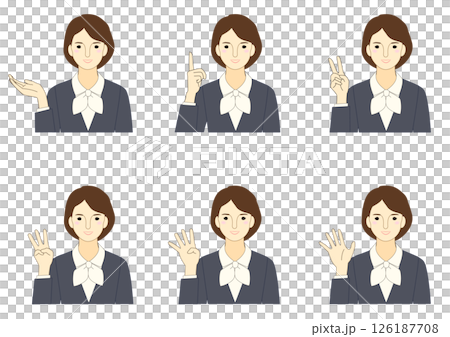 Illustration set of a woman in a blue suit showing numbers with her fingers 126187708