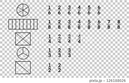 educational illustration designed to teach fractions, featuring five simple shapes, circle, rectangle, square, divided into various equal parts, math fractions graphic, learning fractions educational illustration designed to teach fractions, featuring five simple shapes, circle, rectangle, square, divided into various equal parts, math fractions graphic, learning fractions 126188026