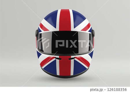 Front view of racing helmet featuring United Kingdom flag colors Front view of racing helmet featuring United Kingdom flag colors 126188356