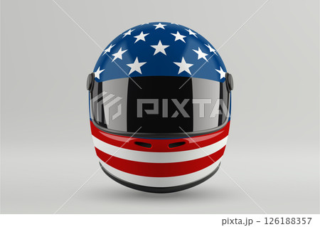 Front view of racing helmet featuring Unuted States flag colors Front view of racing helmet featuring Unuted States flag colors 126188357