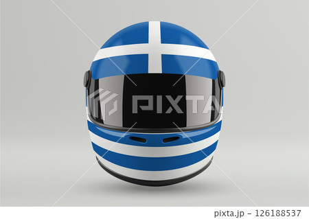 Front view of racing helmet featuring Greece flag colors Front view of racing helmet featuring Greece flag colors 126188537