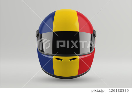 Front view of racing helmet featuring Romania flag colors Front view of racing helmet featuring Romania flag colors 126188559