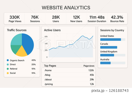 Website Analytics Dashboard Displaying Traffic Sources and Trends 126188743