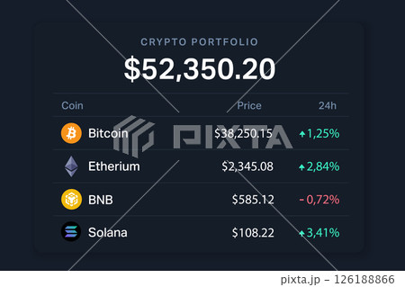 Crypto portfolio balance display with coin names and change stats Crypto portfolio balance display with coin names and change stats 126188866