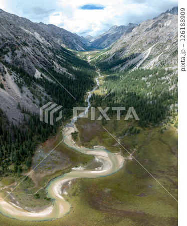 Aerial view of beautiful high altitude forest canyon and snow capped mountain landscape 126188909
