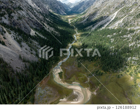 Aerial view of beautiful high altitude forest canyon and snow capped mountain landscape 126188912