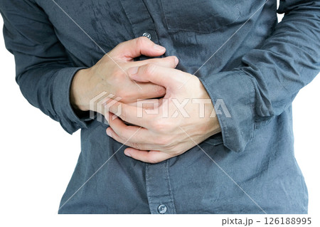 Women have abdominal pain. She used the hand to hold the belly. Causes of Stomach to food or menstrual pain. 126188995