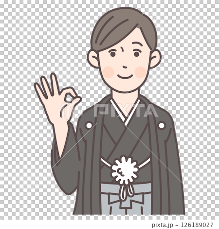 A man in a hakama with a crest giving an OK sign 126189027