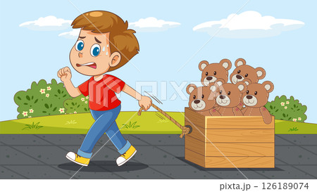Boy Pulling Cart of Teddy Bears Outdoors 126189074