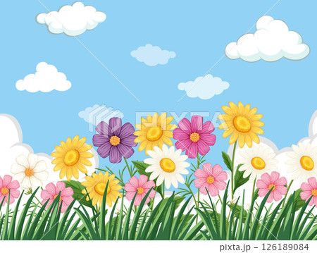 Colorful Wildflowers Under a Clear Blue Sky 126189084