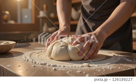 hands kneading dough on floured kitchen counter. hands kneading dough on floured kitchen counter. 126189227