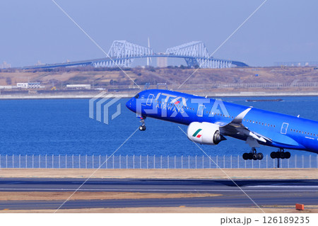 羽田空港を離陸した旅客機と東京ゲートブリッジ 羽田空港を離陸した旅客機と東京ゲートブリッジ 126189235