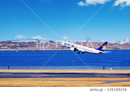羽田空港を離陸した旅客機と東京ゲートブリッジ、葛西臨海公園 126189236