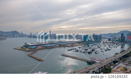 May 11 2025 Panoramic Aerial View of Marina and Urban Cityscape Under Cloudy 126189285